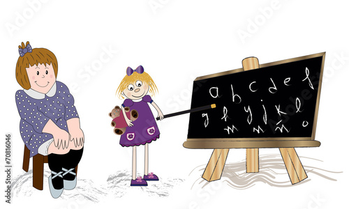 Niña, profesora y pizarra con letras