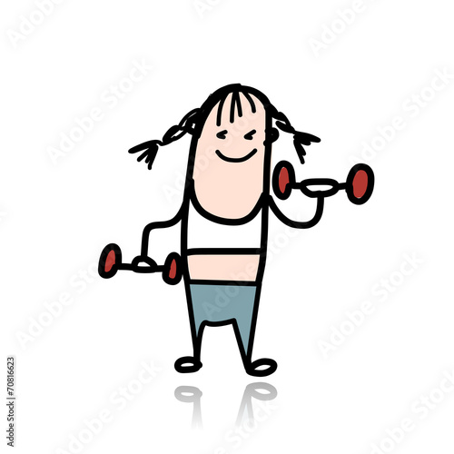 Girl with dumbbells doing exercises, cartoon character