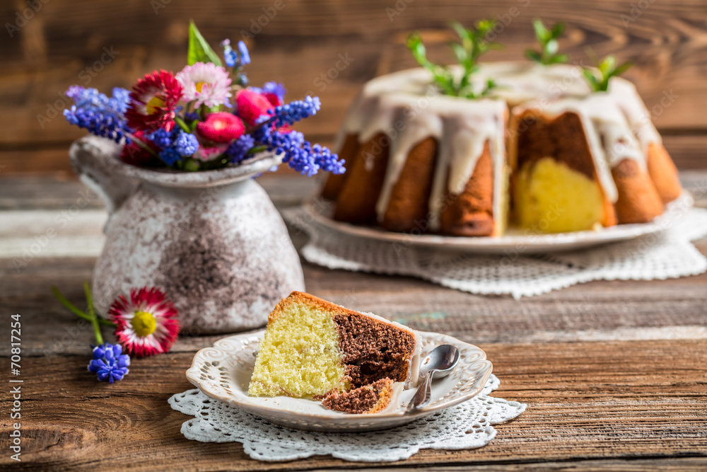 Easter cake and spring flowers Easter cake and spring flowers