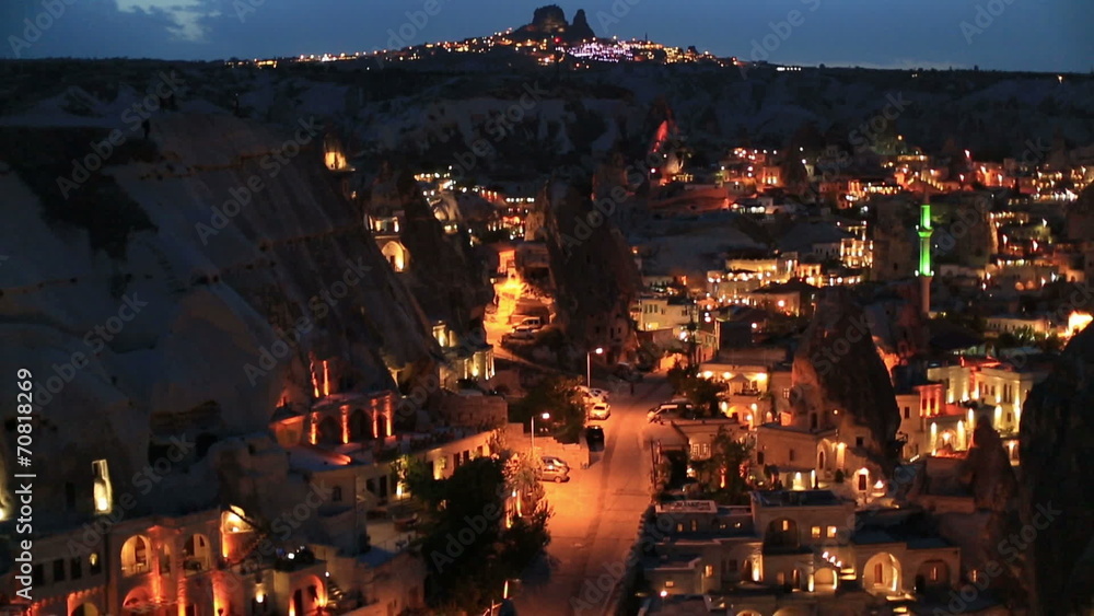 Night view of the village Goreme in Cappadocia,Pan shot Night view of the village Goreme in Cappadocia,Pan shot