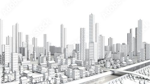 都市部の遠景の線画
