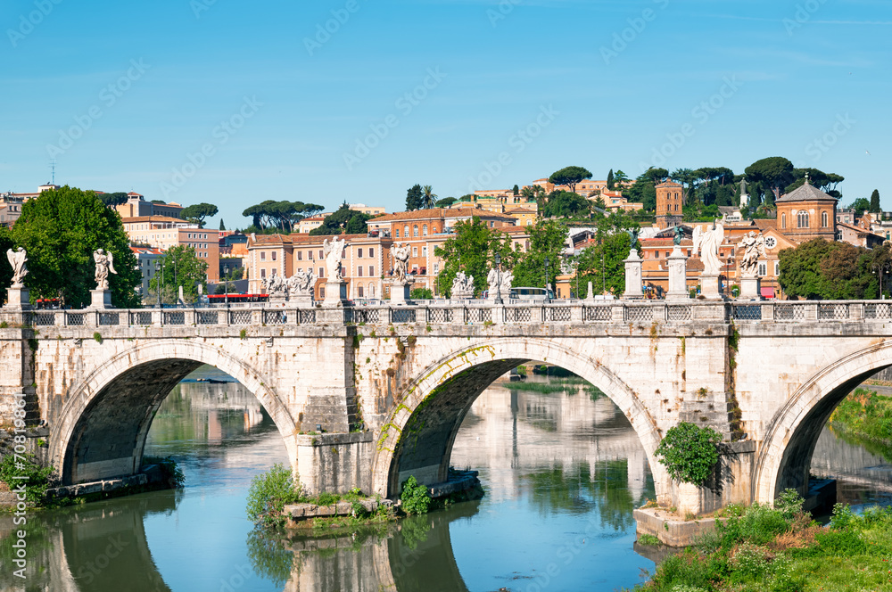 St. Angelo Bridge  and Trastevere district in Rome, Italy