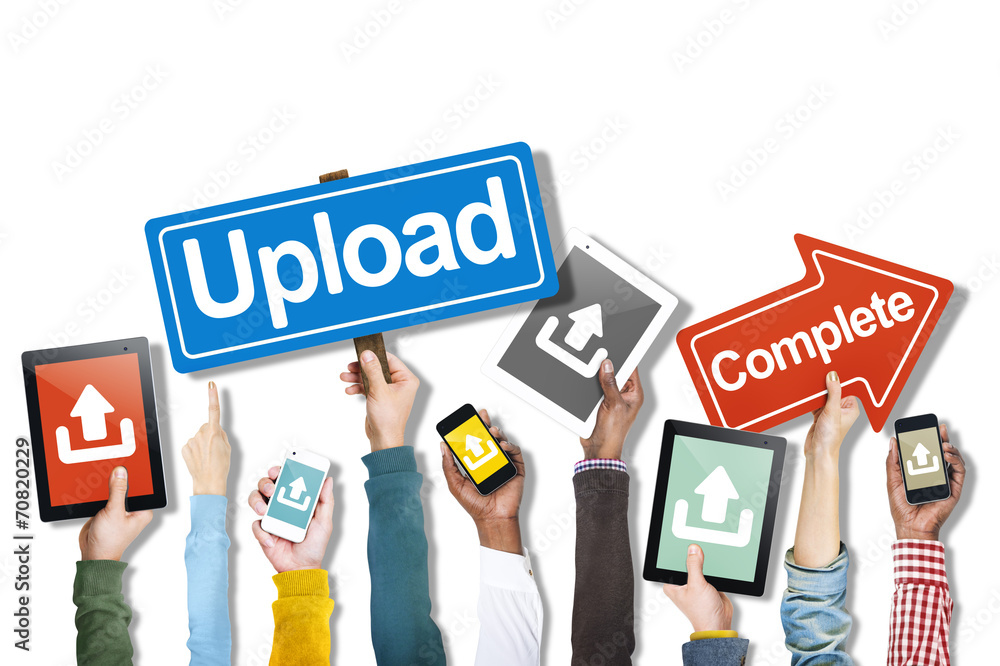 Group of Hands Holding Digital Devices with Upload Concept Group of Hands Holding Digital Devices with Upload Concept