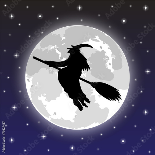 silhouette of a witch on a background of the full moon