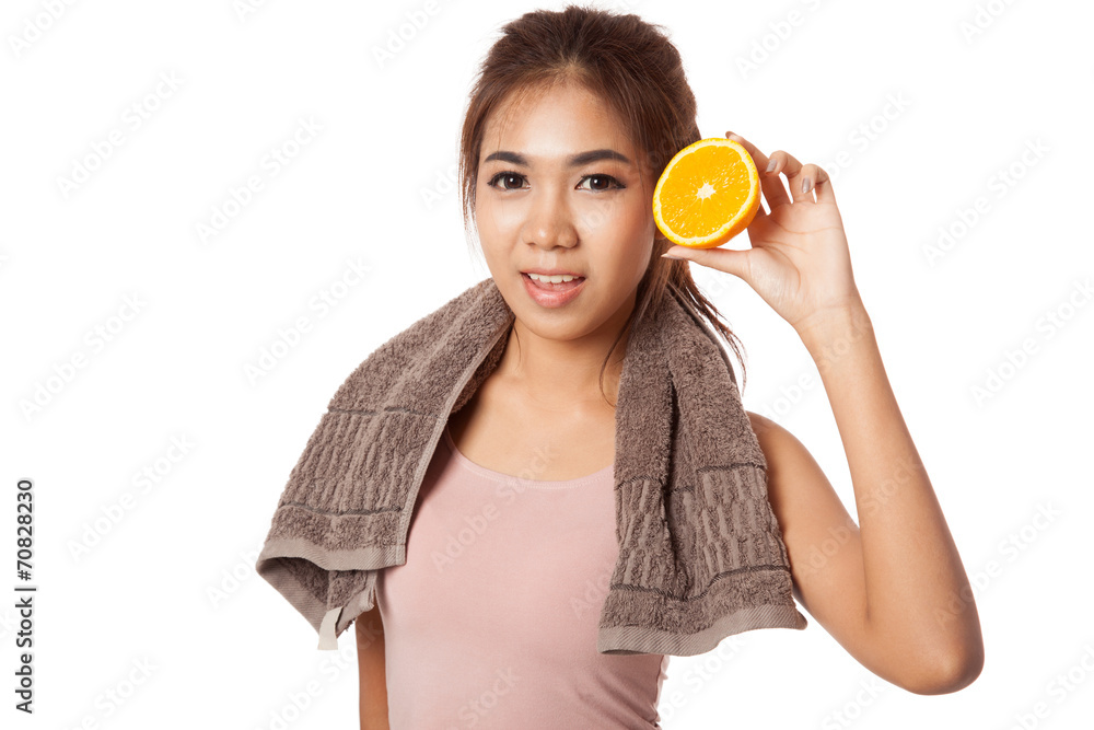 Asian healthy workout girl smile show orange Asian healthy workout girl smile show orange