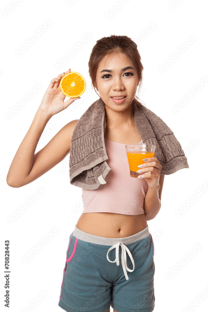Asian healthy girl with orange juice and orange Asian healthy girl with orange juice and orange