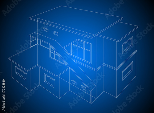 A wireframe home model on a blue background