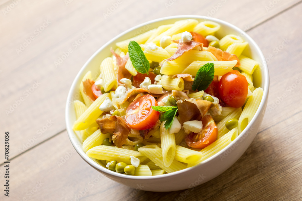 Italian Penne Pasta Salad With Mozzarella, Tomatoes And Ham