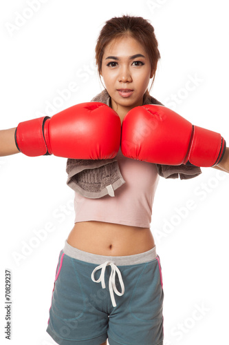 Asian slim girl  with red  boxing glove © halfbottle