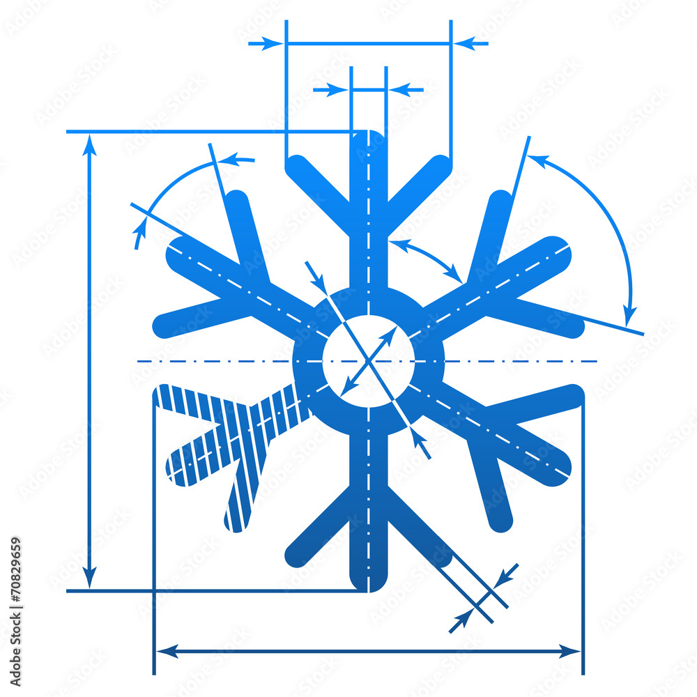Obraz premium Snowflake sign with dimension lines. Blueprint drawing element
