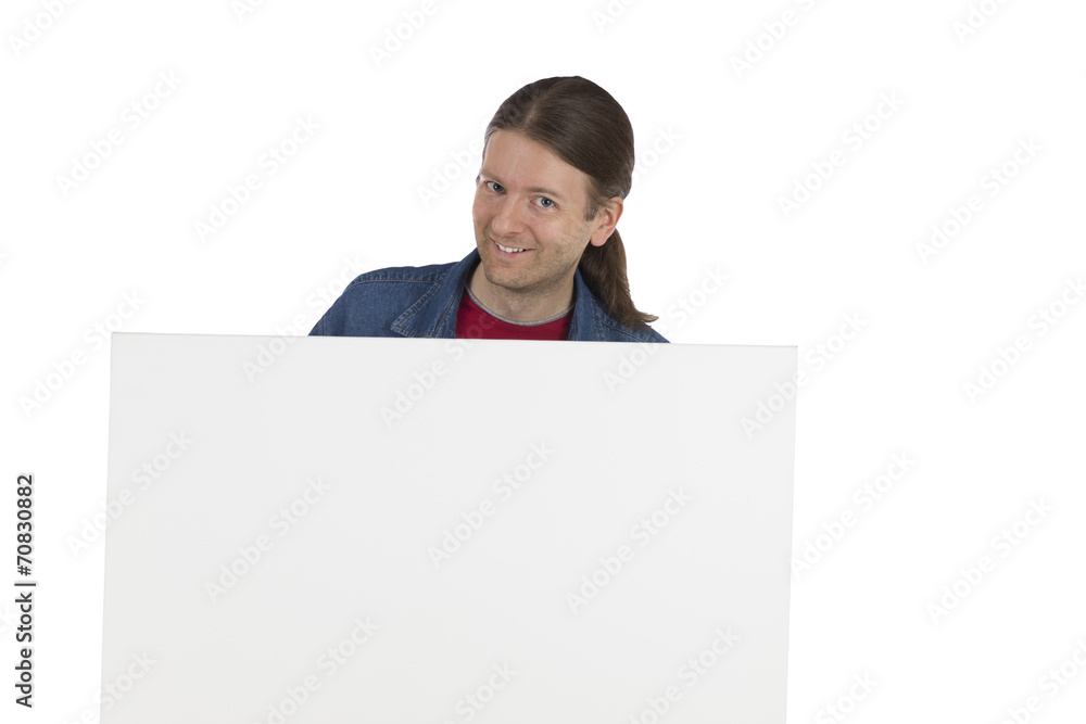 Smiling adult man holding a marketing placard Smiling adult man holding a marketing placard