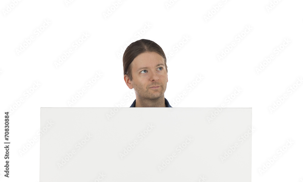 Man thinking and holding an advertisement placard Man thinking and holding an advertisement placard