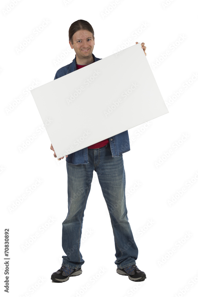 Friendly looking man with an advertisement placard Friendly looking man with an advertisement placard