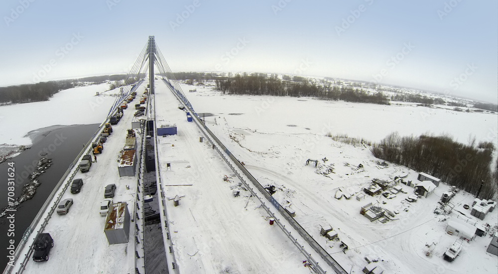 Aerial view to Bridge with cars and construction equipment
