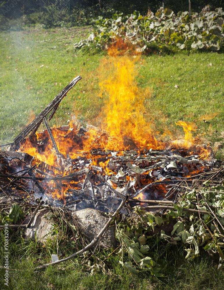 IIlegal garbage burn pile in garden. IIlegal garbage burn pile in garden.