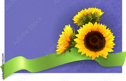 Fototapeta Naklejka Na Ścianę i Meble -  card with sunflowers green banner and place for text