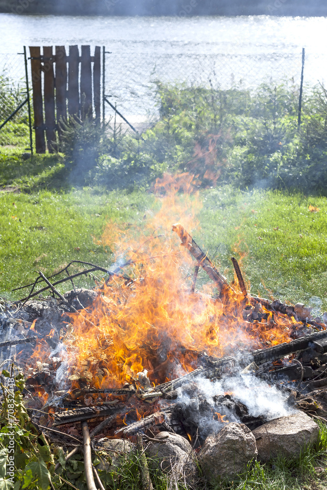 IIlegal garbage burn pile in garden. IIlegal garbage burn pile in garden.