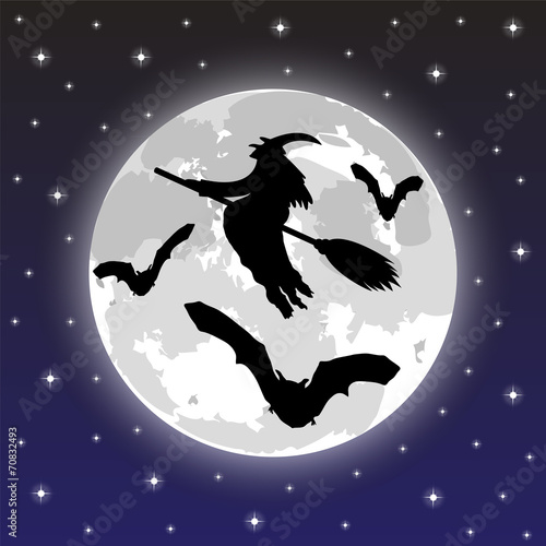 silhouettes of witches and bats on a background of the moon