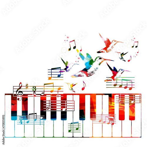 Colorful piano vector background with hummingbirds