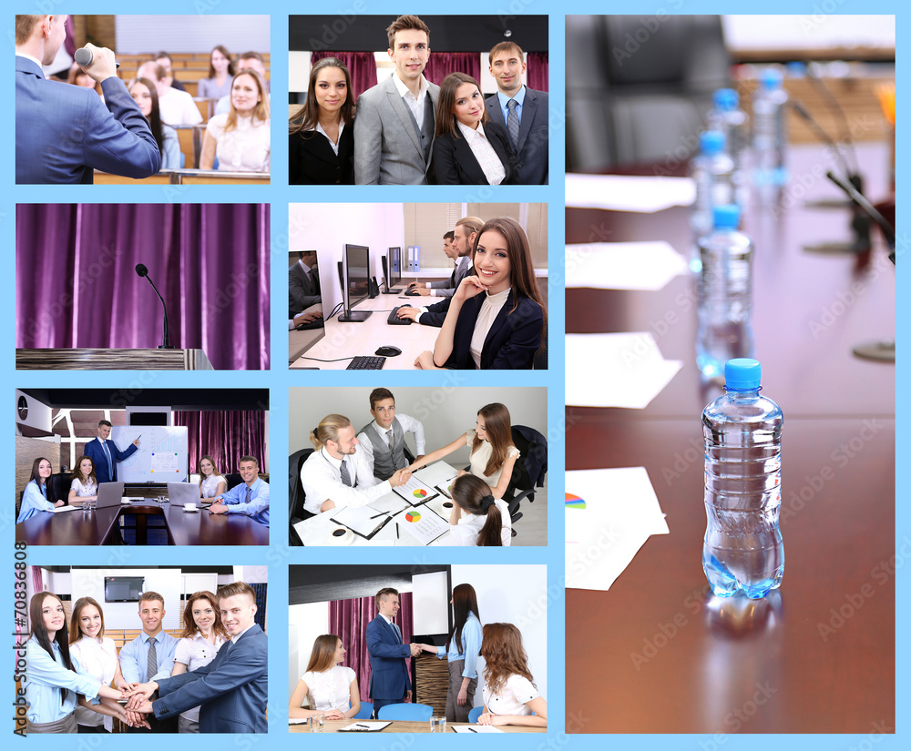 Collage of busy people discussing work and studying Collage of busy people discussing work and studying