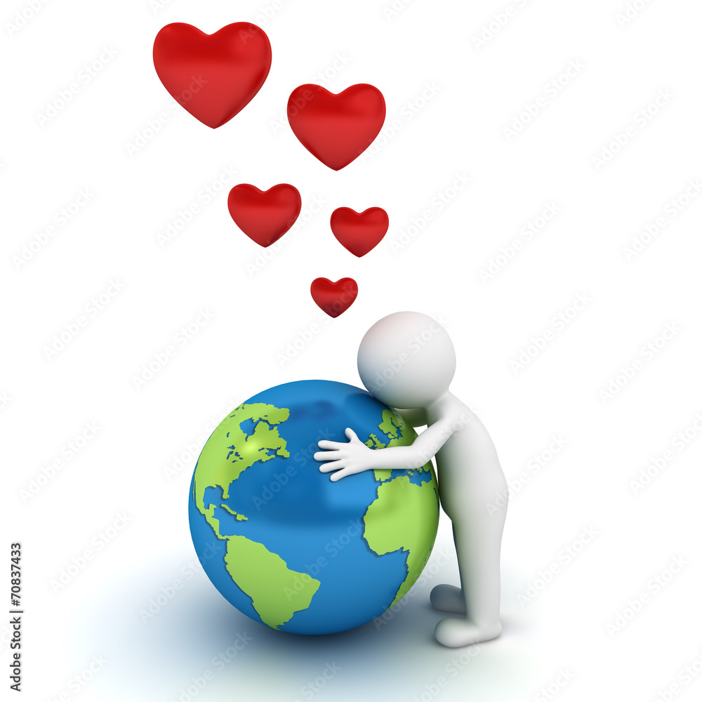 Love the earth concept 3d man hugging blue globe on white