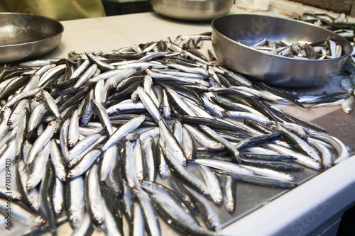Fresh anchovies at fish market.