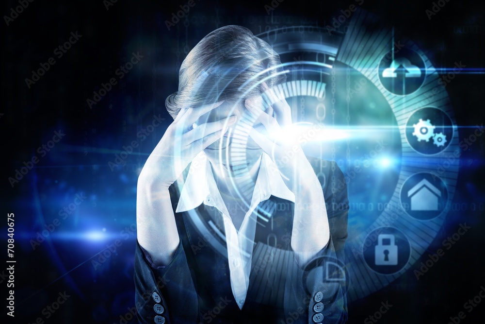 Composite image of redhead businesswoman with head in hands Composite image of redhead businesswoman with head in hands