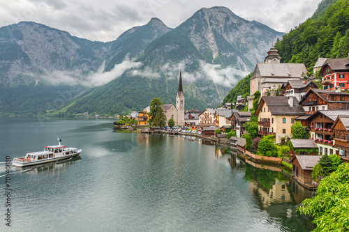 Hallstatt village in Alps at cloudy day, Austria