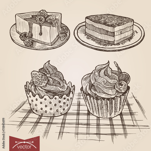 Engraving style hatching vector lineart set of cakes and tarts