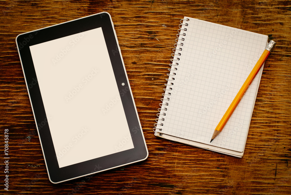 Blank notepad with a tablet computer and pencil Blank notepad with a tablet computer and pencil