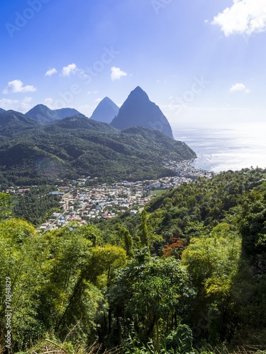 Caribbean, St. Lucia, View on Soufriere with volcanos Gros Piton and Petit Piton photo