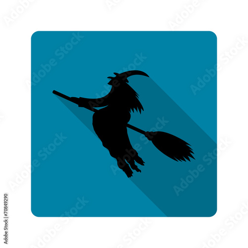 Flat design silhouette of a witch on a broom icon