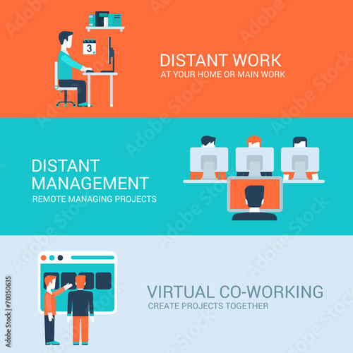 Business distant co-working remote work concept flat icons set