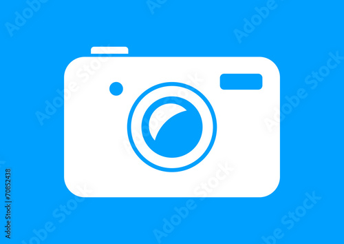 White camera icon on blue background