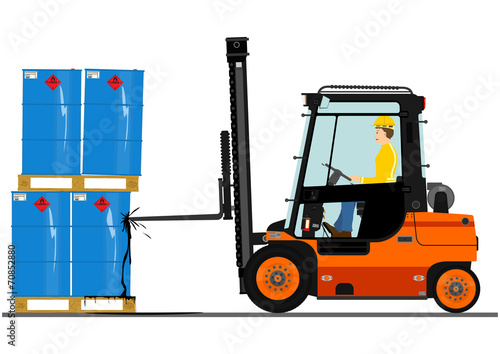 Forklift hitting a barrel. Hazard conept. Vector.