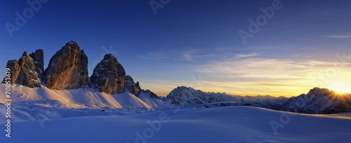 Italy, Dolomites, Trentino-Alto Adige, Pustertal valley, Hochpuster valley, Tre Cime di Lavaredo at sunset photo