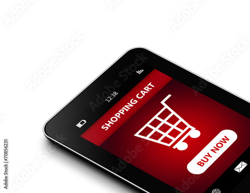 tablet with shopping cart isolated over white