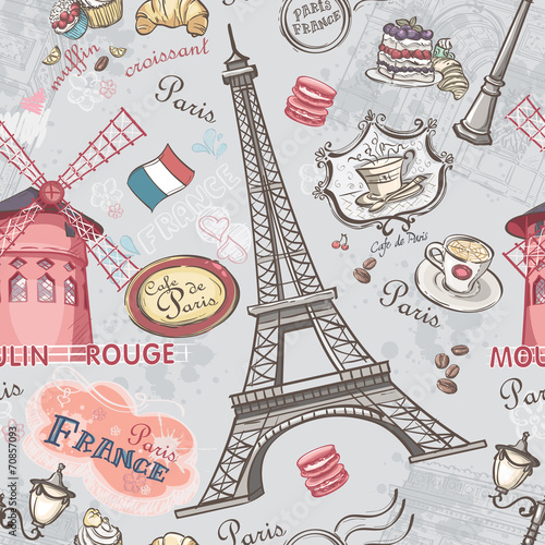 Seamless texture with the image of the sights of Paris
