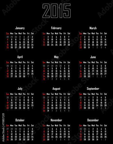 Calendar for 2015 - week starts with sunday