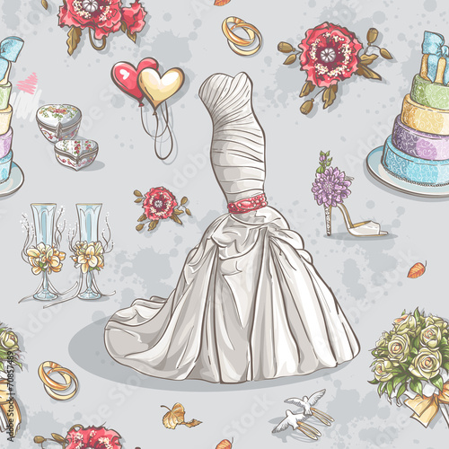 wedding dresses, glasses, rings, cake and other items.