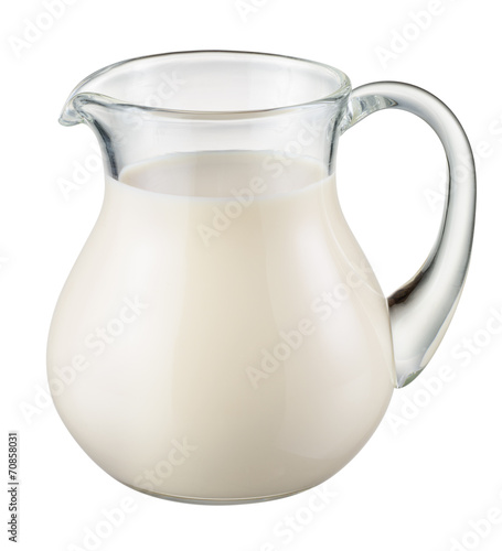 Glass jug of fresh milk isolated on white. With clipping path