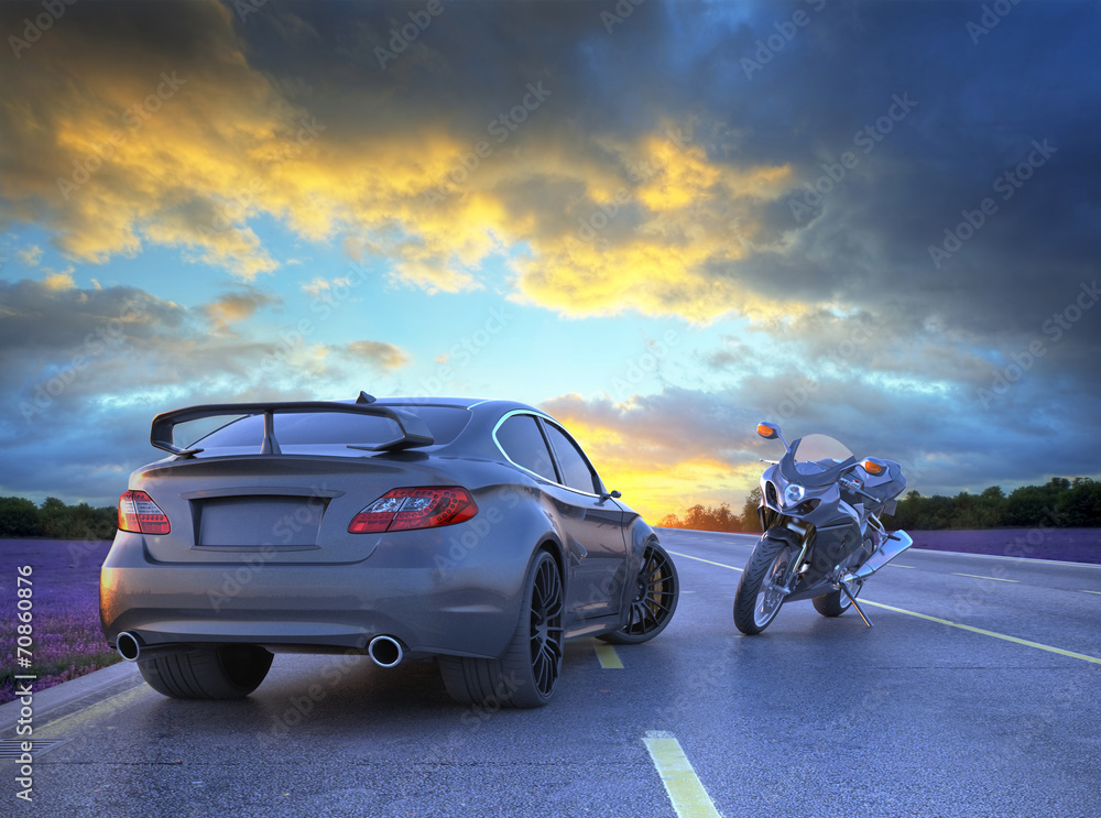 Obraz premium samochód sportowy i motocykl