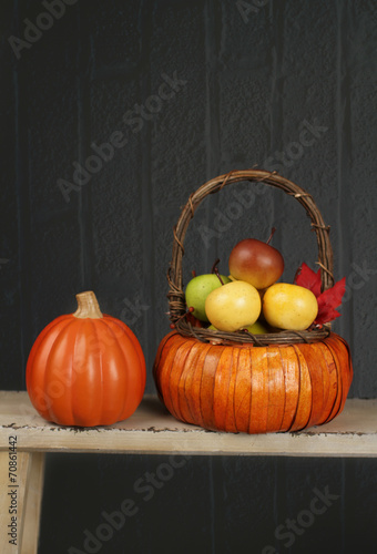 Pumpkins and Apples in Basket  Fall or Thanksgiving Theme