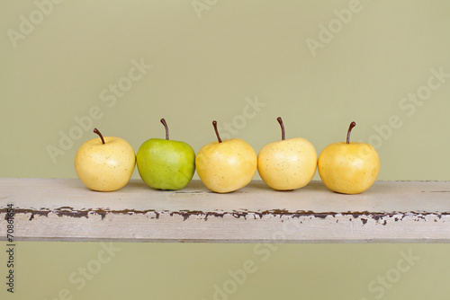 Row of Apples on Rustic Wood Bench