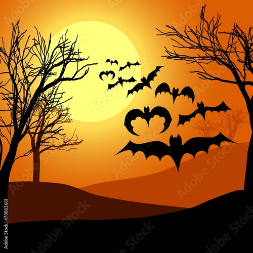 Halloween background with bats trees and moon