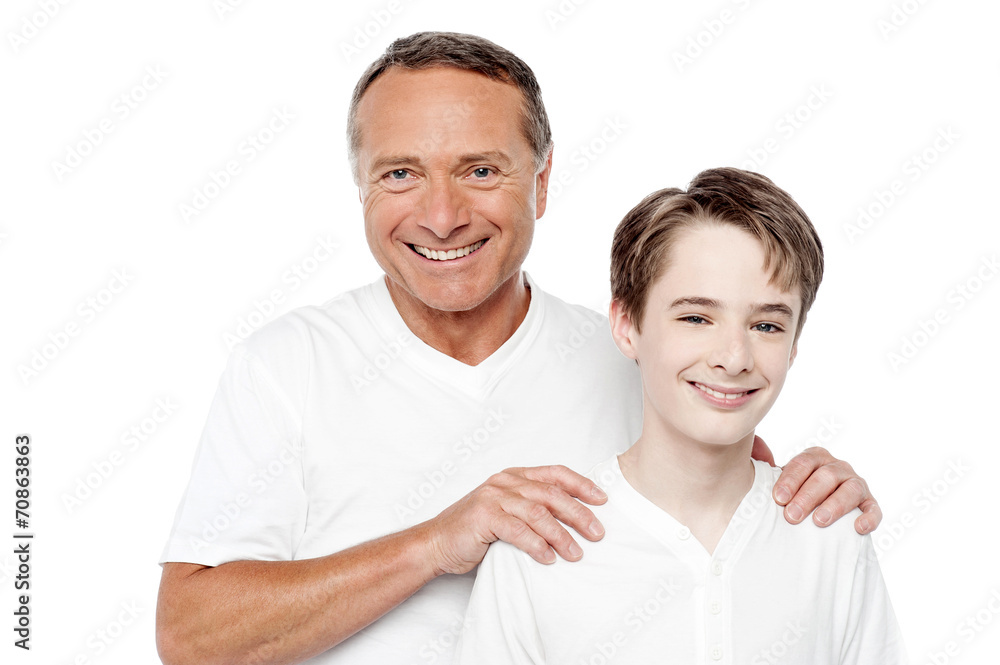 Cheerful mature father and son posing Cheerful mature father and son posing