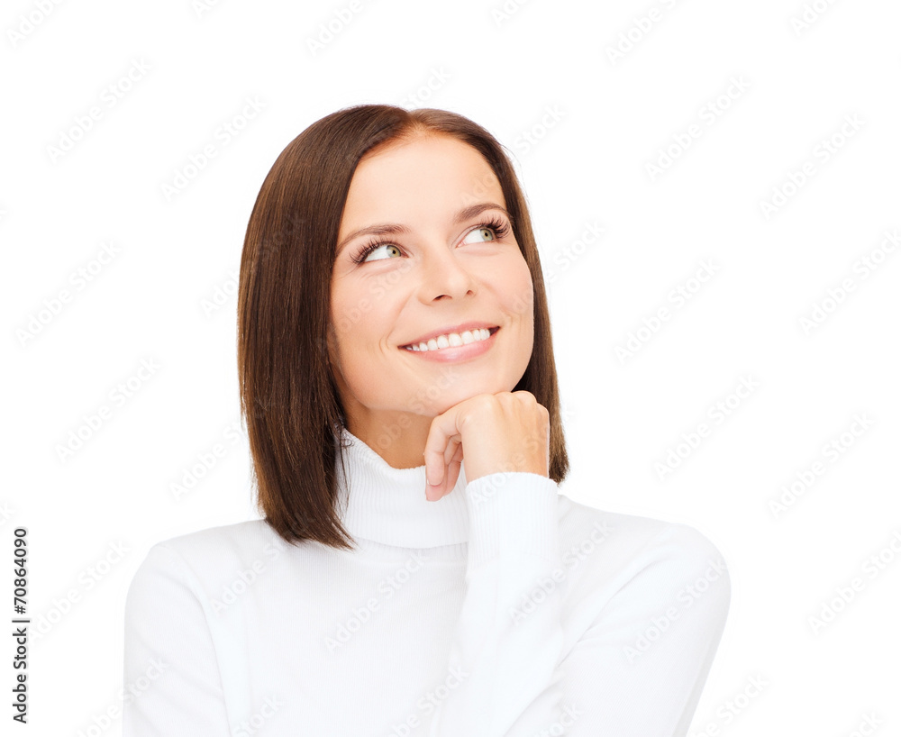 thinking and smiling woman in white sweater thinking and smiling woman in white sweater