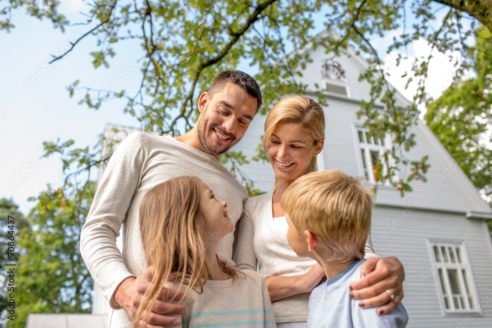 happy family in front of house outdoors happy family in front of house outdoors
