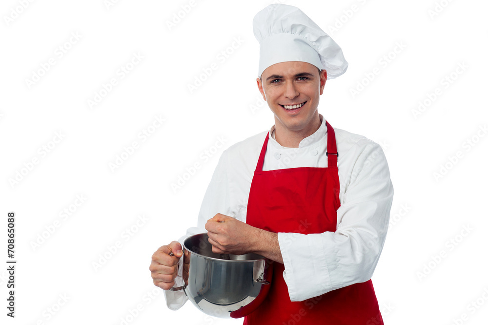 Chef mixing batter, isolated on white Chef mixing batter, isolated on white