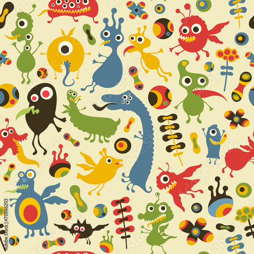 Colorful seamless pattern with happy monsters at the party.